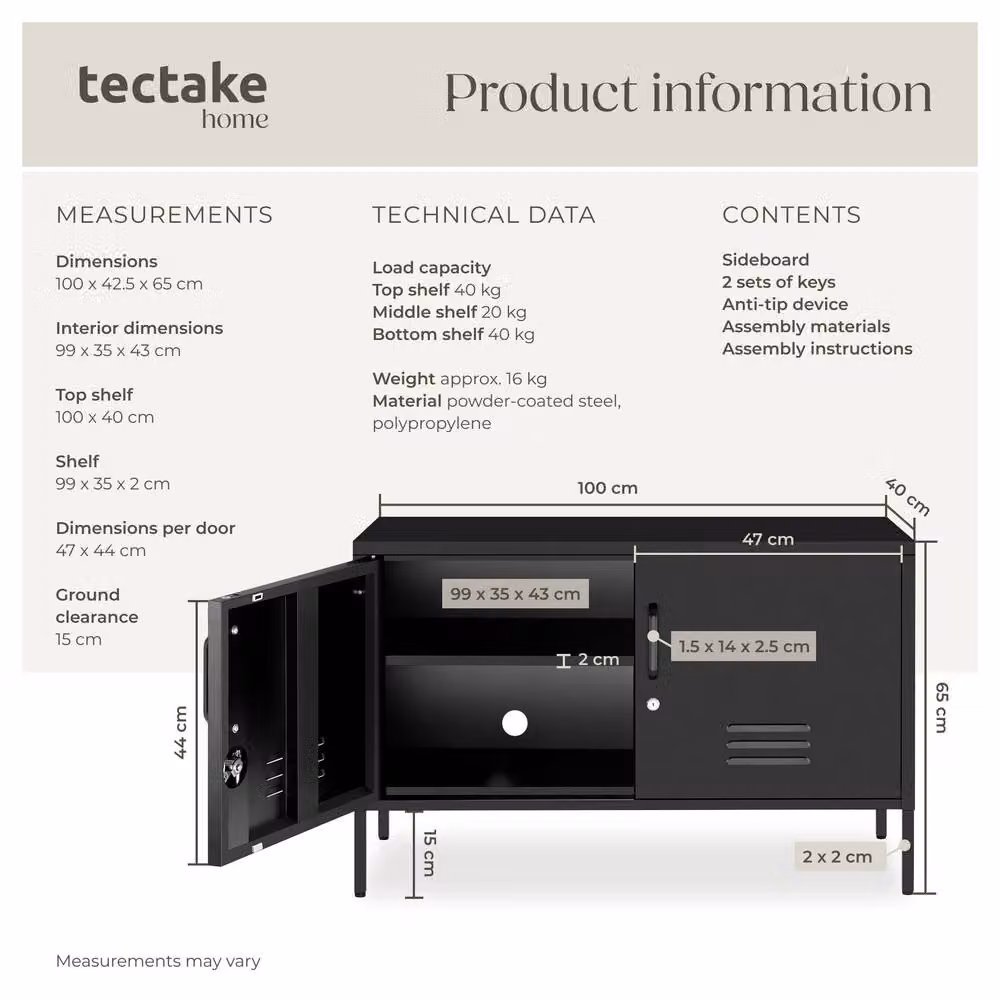 tectake Baker Sideboard in Matt Black with Magnetic Closure and Adjustable Shelf – 6