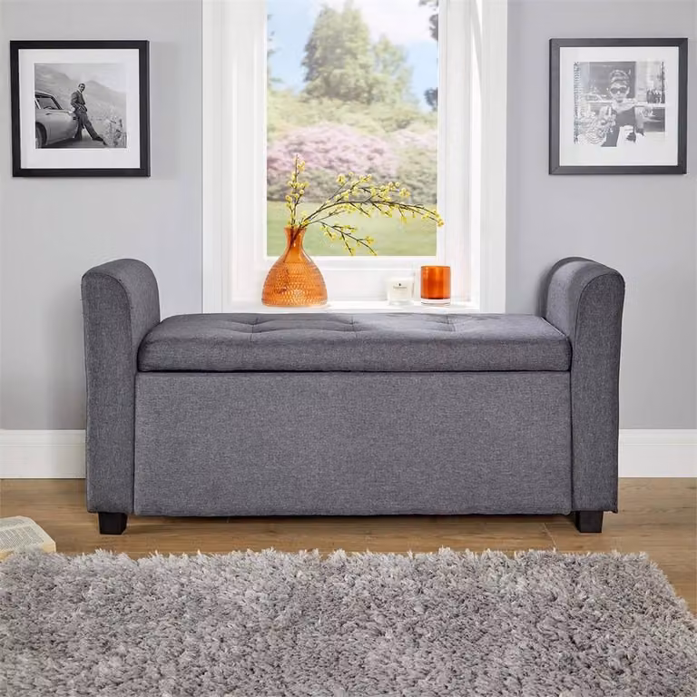 Nordara Grey Velvet Ottoman Storage Box Window Seat