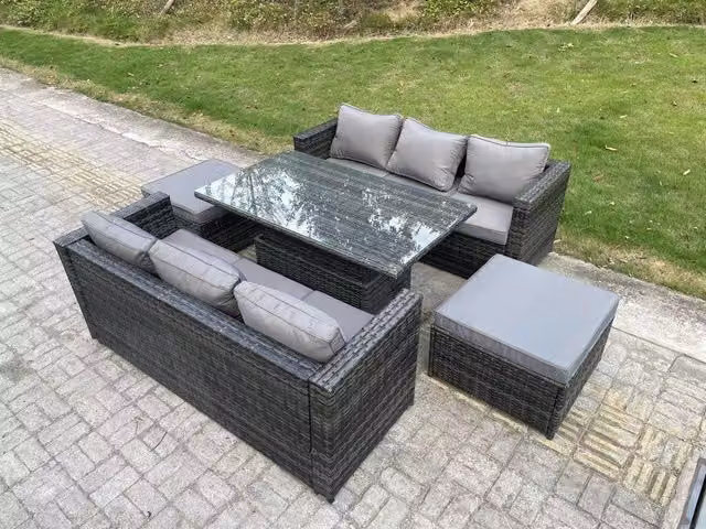 Fimous 8 Seater Rattan Garden Furniture Set with Adjustable Lifting Dining Table and Footstool in Dark Grey