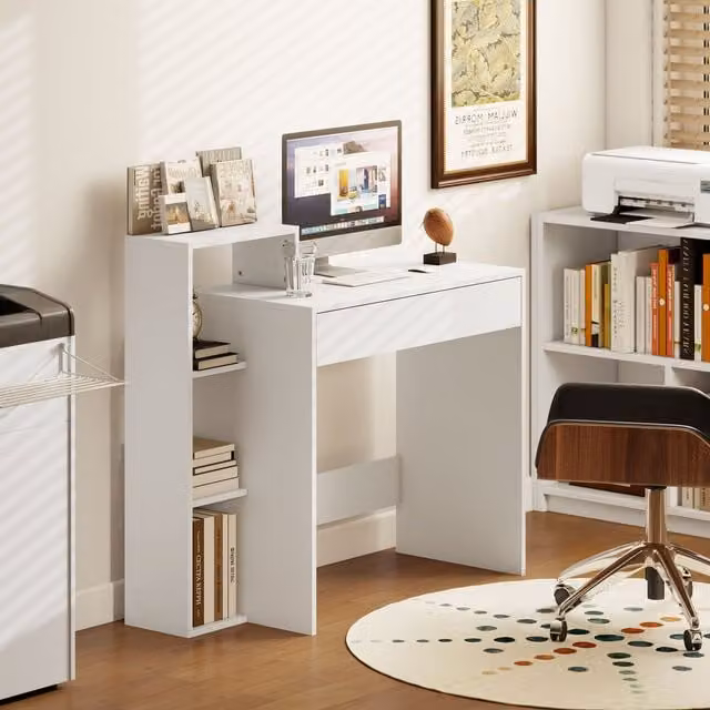 HOMCOM Computer Desk with 3 Open Shelves and Drawer, White
