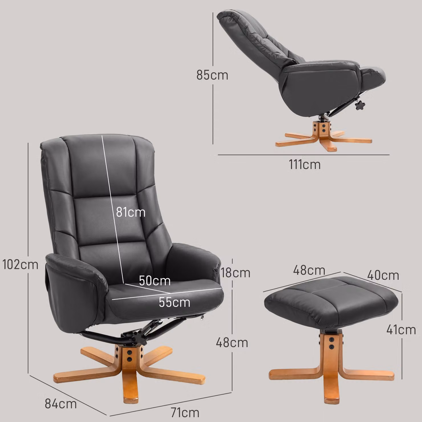 HOMCOM Black PU Leather Rocking Recliner Chair with Matching Footstool and Wood Base – 3