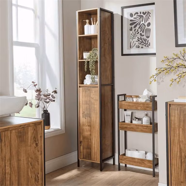 Nordara Brown and Black Industrial Bathroom Tallboy Storage Unit with Hinged Door and Internal Shelves