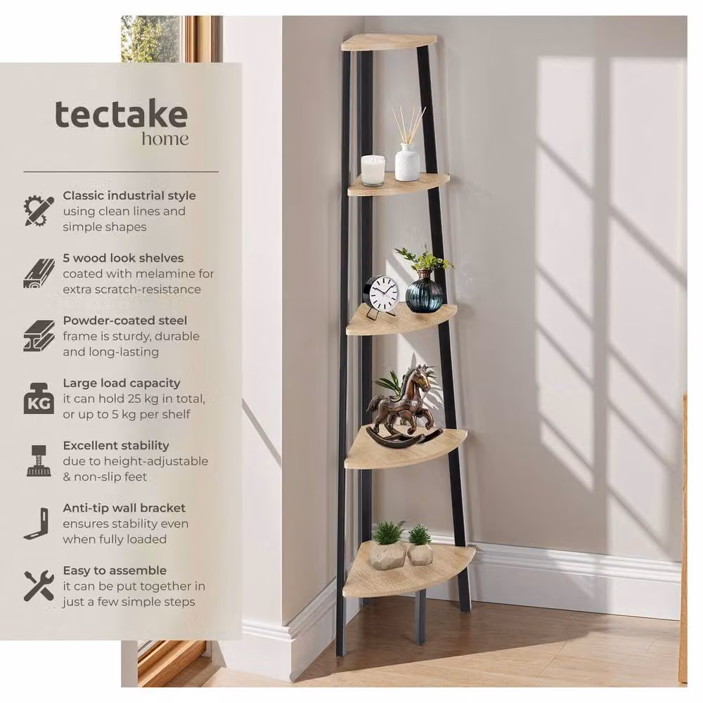 tectake Portland 5-Tier Corner Shelf in Light Brown – 2