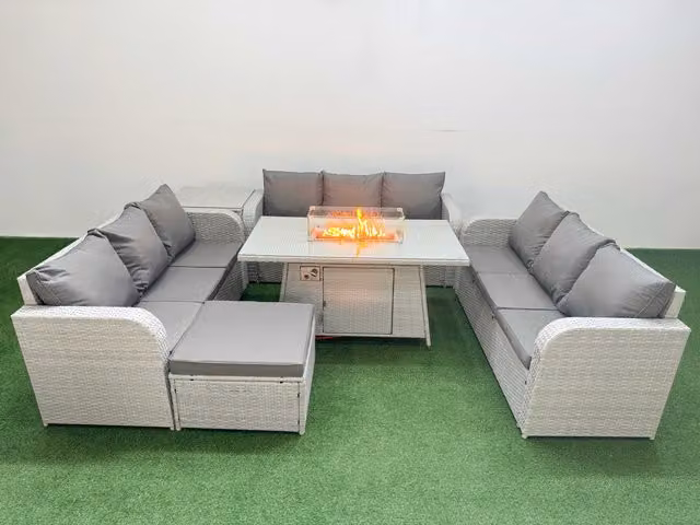 Fimous 10 Seater PE Rattan Outdoor Garden Furniture Set in Light Grey with Firepit Dining Table, 3 Seater Sofa, Big Footstool and Side Table