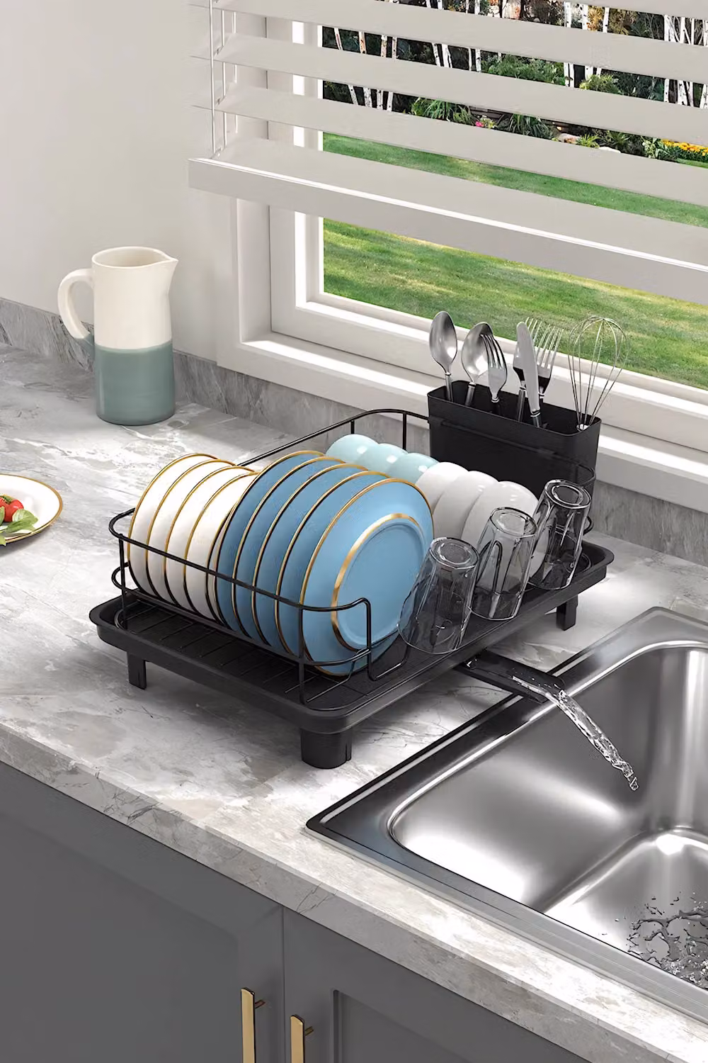 Living and Home Carbon Steel Dish Drainer Rack in Black with Cutlery Holder and Rotating Telescopic Drainage Pipe – 2