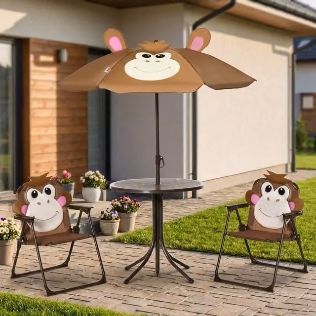 STILVORA Kids Garden Set with Folding Chairs and Umbrella in Brown – 1