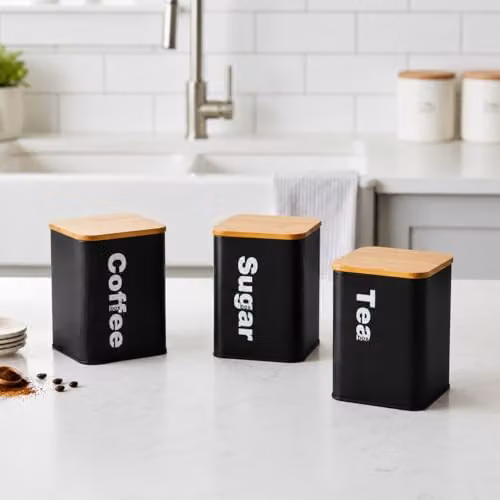 Almineez Set of 3 Black Stainless Steel Tea Coffee Sugar Canisters with Airtight Bamboo Lids