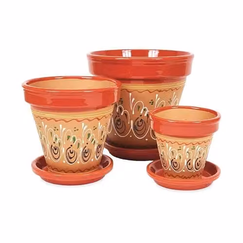 Verano Spanish Ceramics Inca Hand Painted Red Ceramic Plant Pots and Drainage Plates, Set of 3, W/D/H: 16 x 14 x 23 cm, 23 x 22 x 29 cm, 29 x 27 x 29 cm – 3