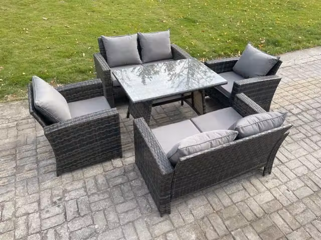 Fimous 6 Seater Rattan Garden Furniture Set with Rectangular Dining Table and Love Seat Sofa in Dark Grey