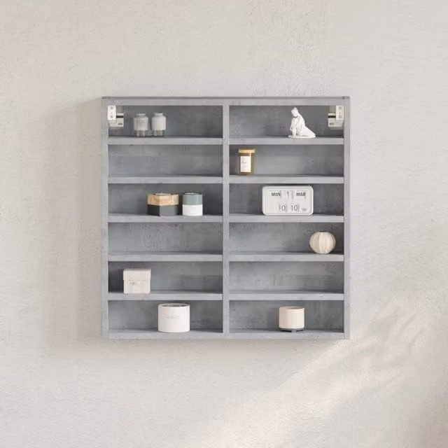 Berkfield Home Modern Wall Mounted Vitrine Cabinet in Concrete Grey with Glass Doors and Internal Shelves, W/D/H: 58 x 8.5 x 58 cm