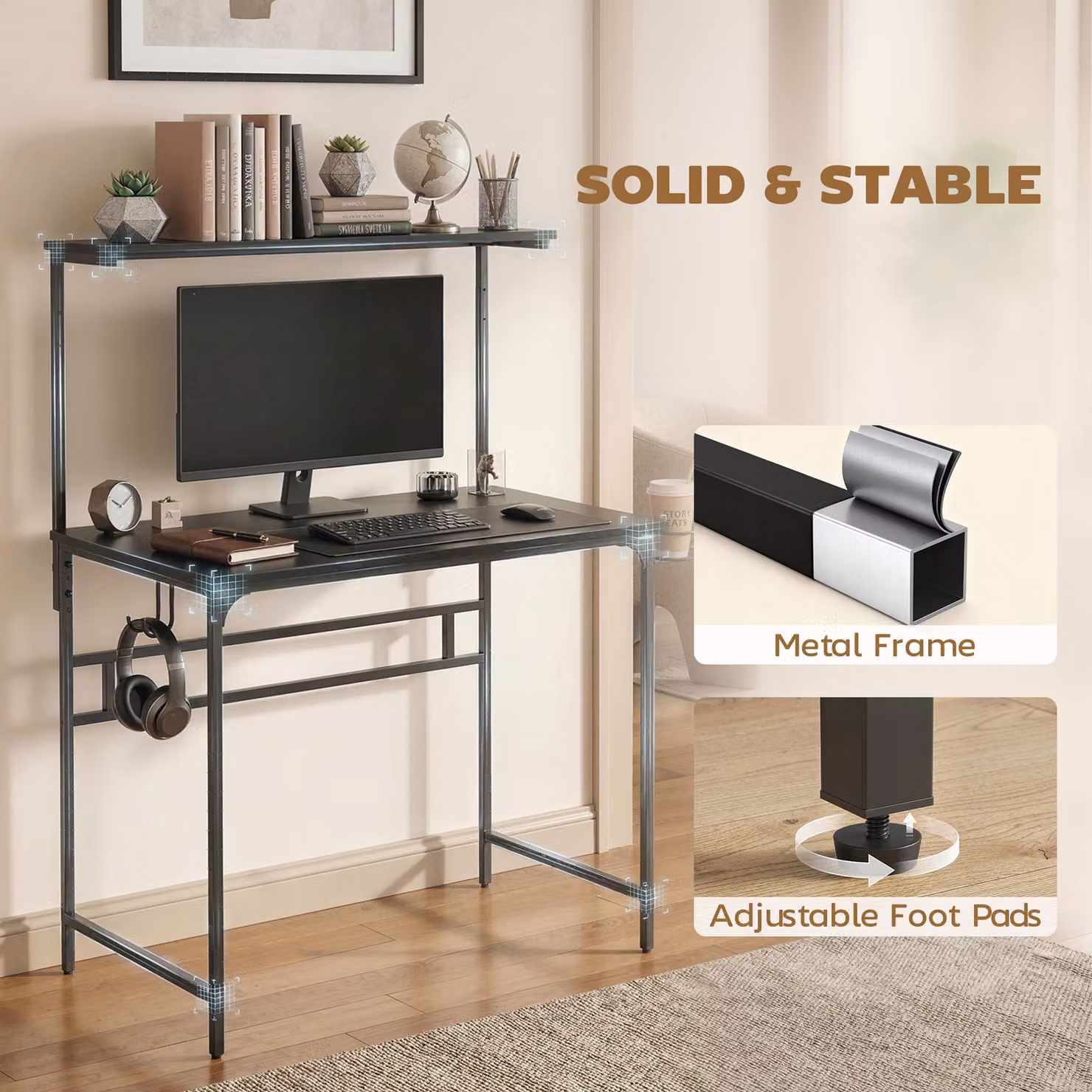 HOMCOM Black Computer Desk with Hutch Shelf, Cup Holder and Headphone Hook for Home Office or Bedroom – 4