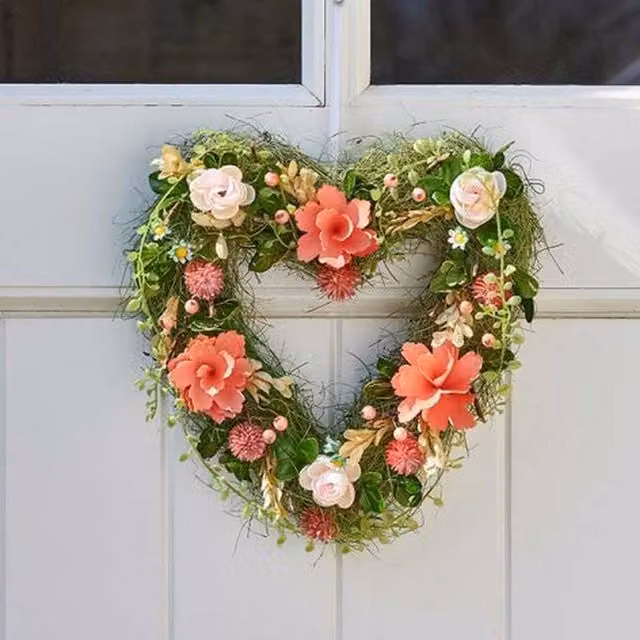 Garden Mile Shabby Chic Floral Heart Wreath in Green and Pink
