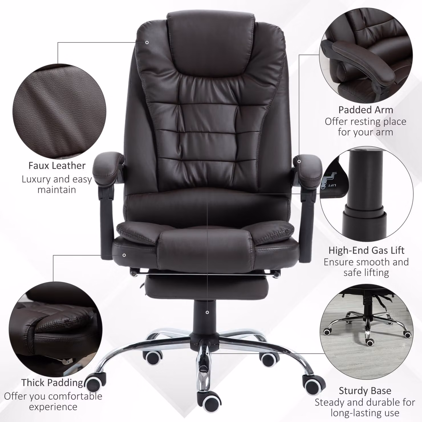 HOMCOM Brown PU Leather Executive Office Chair with High Back, Retractable Footrest and Reclining Function – 4