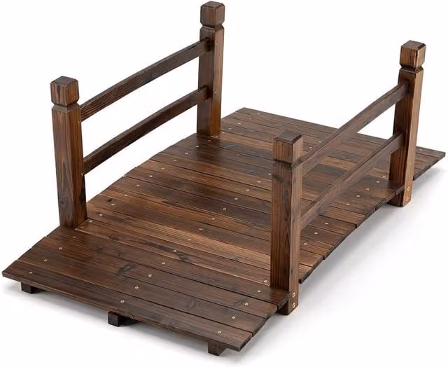 Havendro Fir Wood Garden Bridge with Safety Railings in Brown, 125 cm