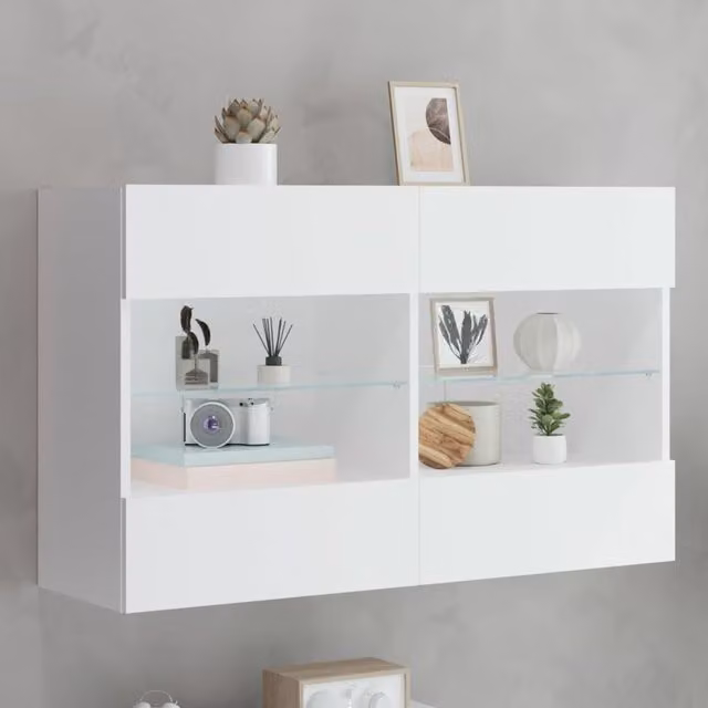 Berkfield Home Modern Wall Mounted TV Cabinet in White with Integrated LED Lighting and Internal Shelves, W: 98.5 cm, D: 30 cm, H: 60.5 cm – 1