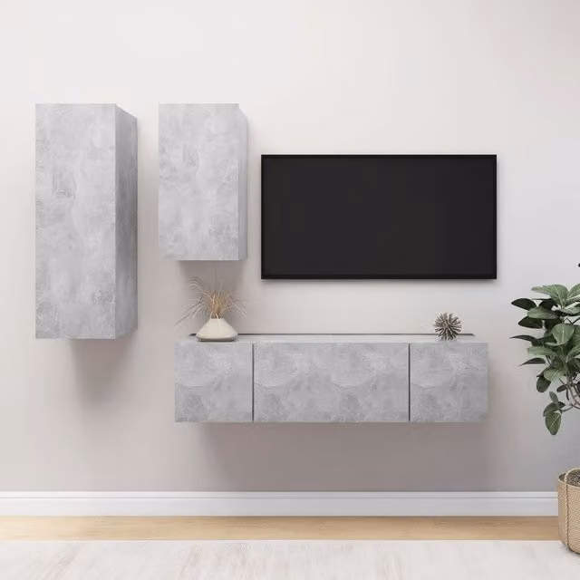 Berkfield Home 4 Piece Modern Wall Mounted TV Cabinet Set in Concrete Grey MDF – 1