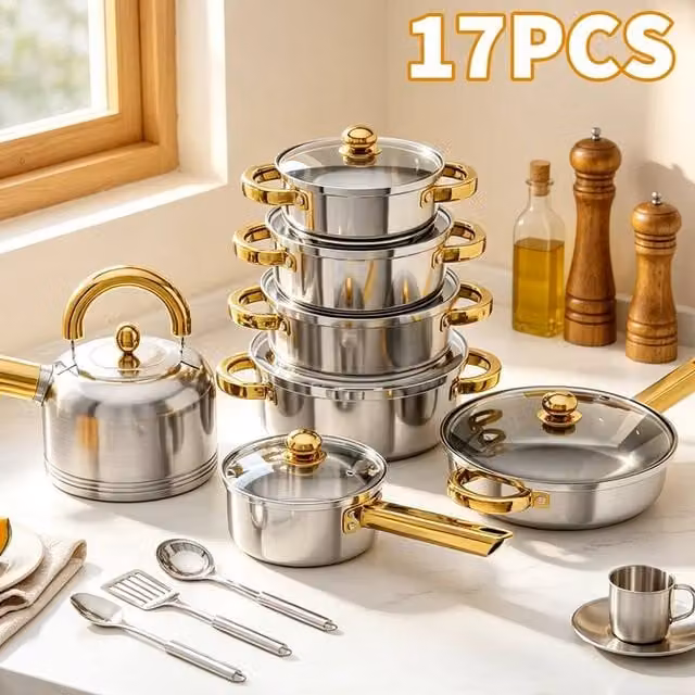 EONLION 17-Piece Non-Stick Stainless Steel Induction Cookware Set in Silver – 1