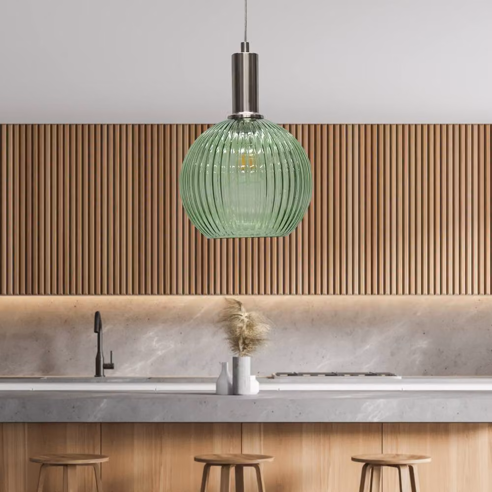 First Choice Lighting Betchley Set of 2 Green Ribbed Glass Globe Deco Pendants with Satin Nickel Finish – 2