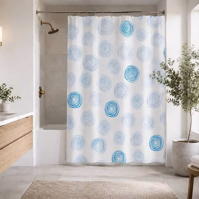 Showerdrape Contours White and Blue Dotted Polyester Shower Curtain, Waterproof and Mould Resistant