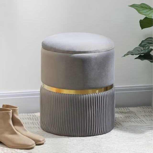 HOMCOM Round Velvet Storage Pouffe and Padded Foot Stool in Grey