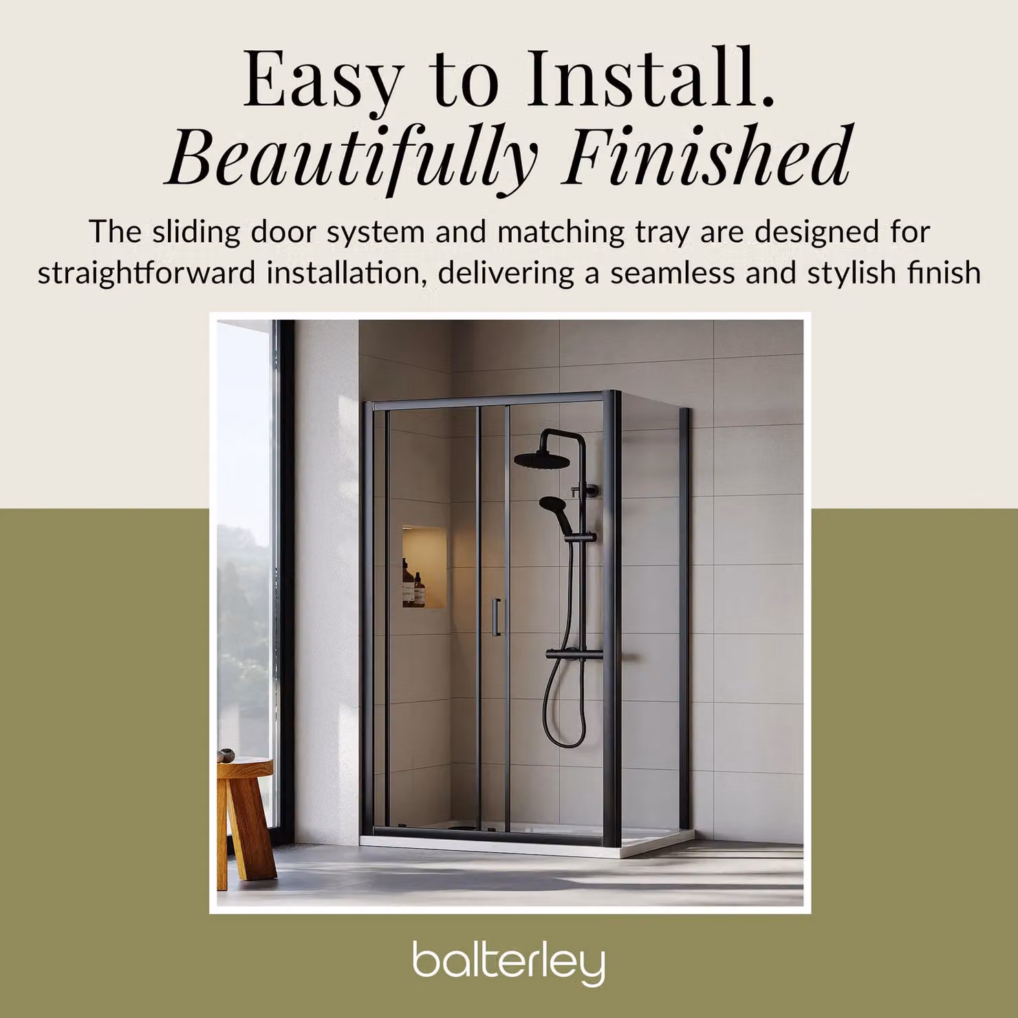 Balterley Ruwa Sliding Shower Suite with Rectangular Tray and 6mm Glass Door Panel, Black, W: 1200 mm, D: 800 mm, H: 190 mm – 4