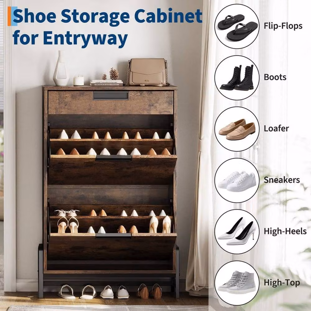 KORVIXA Brown Rustic Oak Tilt-out Shoe Cabinet with Drawers, W/D/H: 100 x 100 x 100 cm – 3