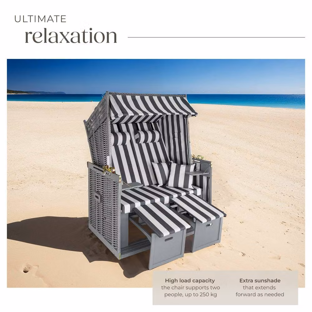 tectake Sylt 2 Seater Beach Chair in Grey Striped Rattan with Cushions, Footrest and Rain Cover – 3