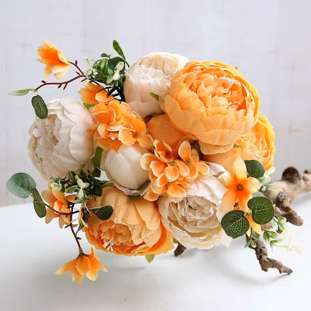 YnysTec 13 Heads Silk Peony Artificial Flower Bouquet in Orange for Wedding and Home Decor