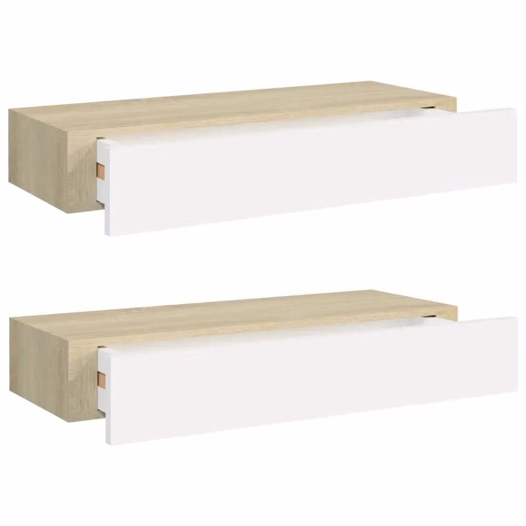 Berkfield Home Wall Drawer Shelves, 2 Piece Set in Oak and White, W/D/H: 60 x 23.5 x 10 cm – 2