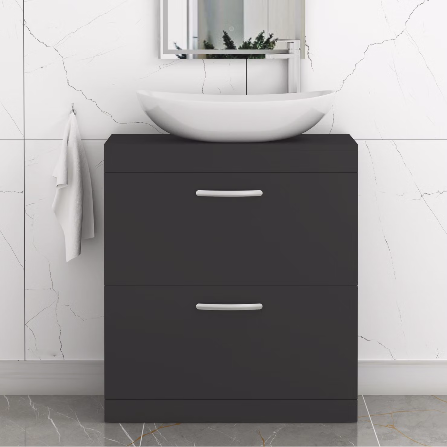 Cesar Turin 800mm Floor Standing 2 Drawer Matt Black Vanity Unit with Countertop Basin and Brushed Brass Handle by Royal Bathrooms