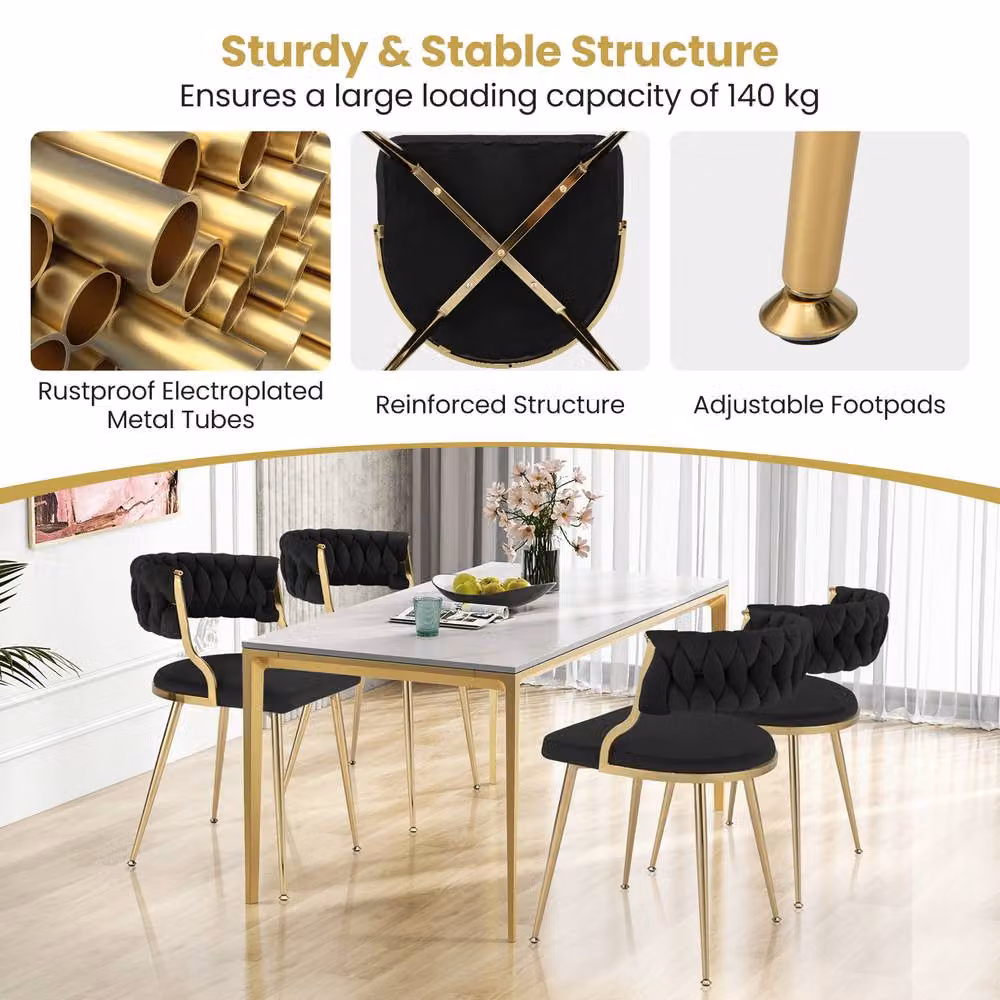 Costway Set of 2 Black Velvet Upholstered Armless Dining Chairs with Woven Back and Gold Metal Legs – 3