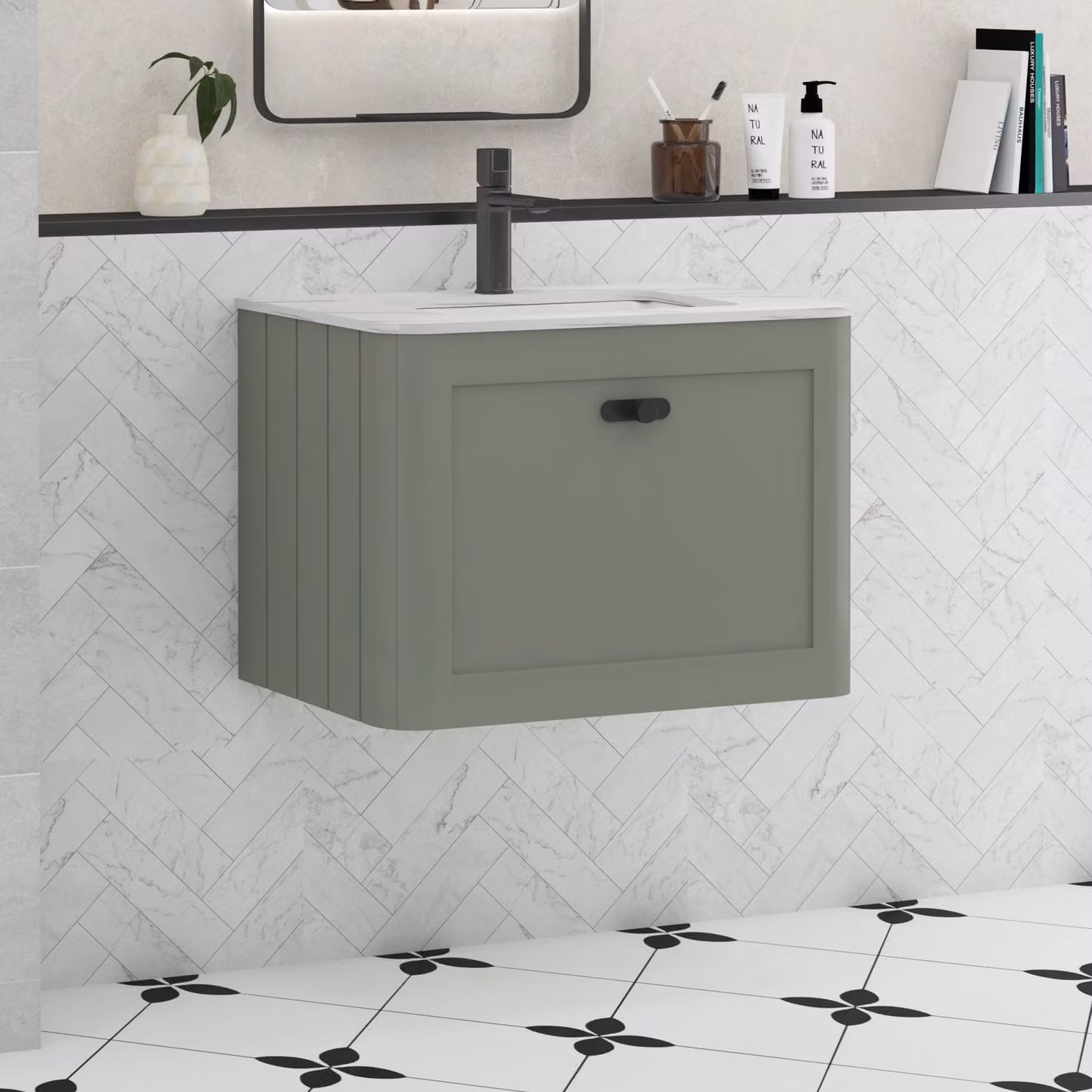 Royal Bathrooms Henley 600mm Wall Hung Vanity Unit in Sage Green with Carrara White Stone Top and Matt Black Knob