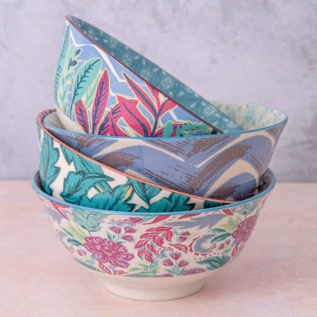 KitchenCraft 4-Piece Floral Ceramic Cereal and Dessert Bowl Set in Blue, Brown and Multicolour – 1