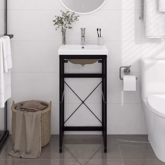 Berkfield Home Modern Bathroom Washbasin Frame with Built-in Ceramic Basin in Matt Black Metal – 1
