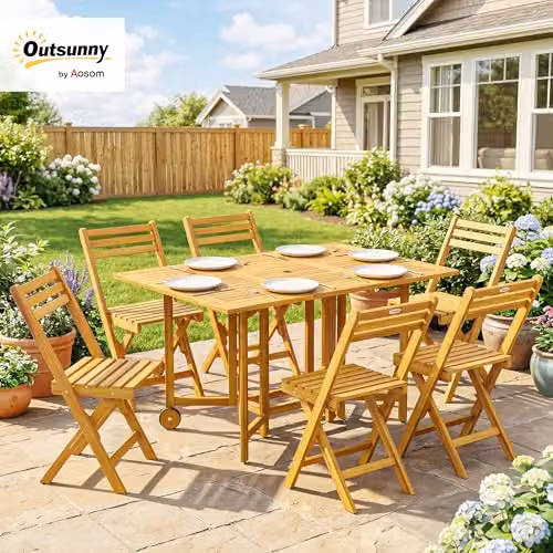 Outsunny 7 Piece Garden Dining Set with Extendable Rectangular Table and 6 Chairs in Brown Acacia Wood – 2