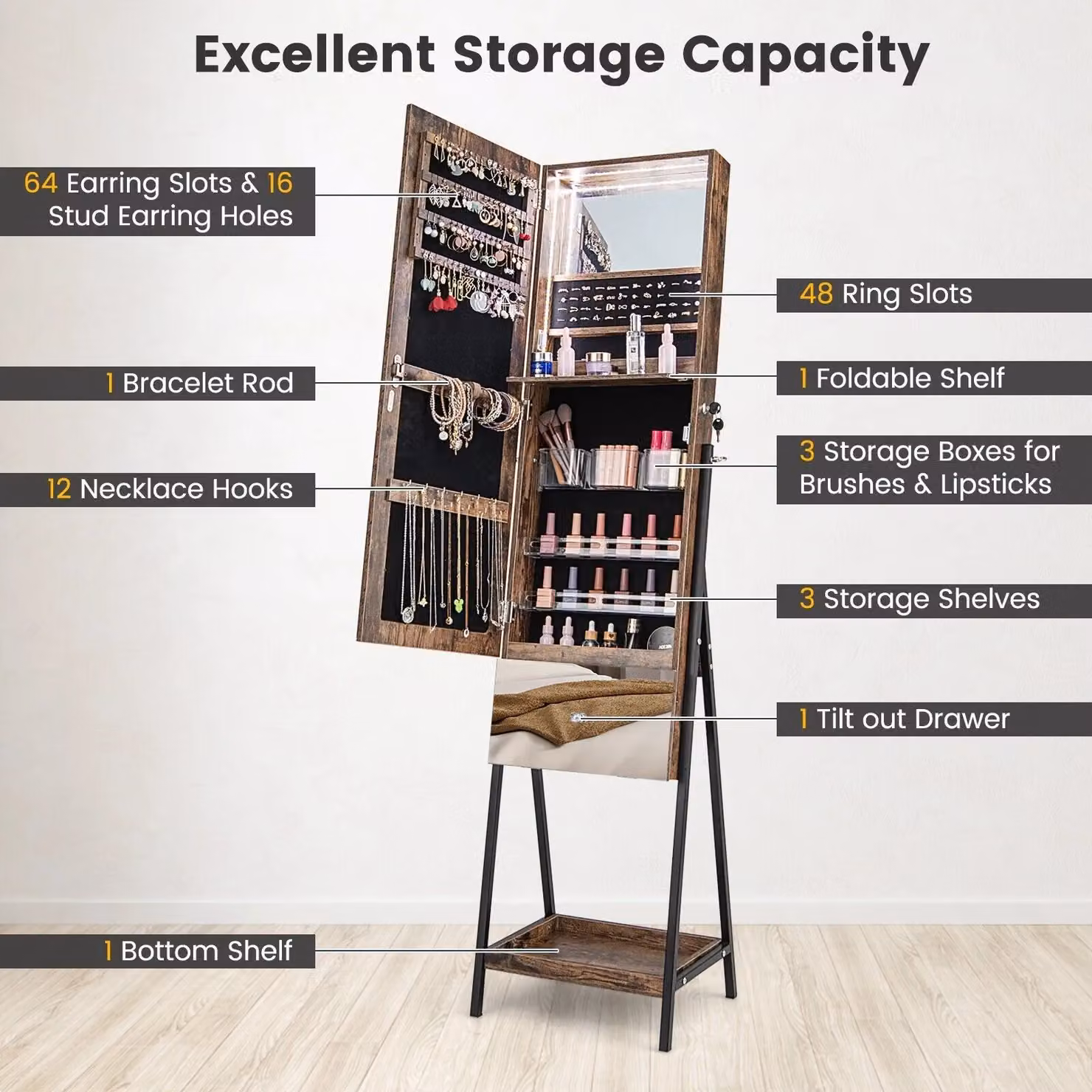 Costway Jewelry Cabinet Armoire in Brown with Full-Length Frameless Mirror, LED Lighting and Magnifying Mirror – 4
