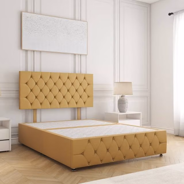 BSSPOKE Mulberry Plush Velvet Divan Bed with 24 inch Headboard in Mustard, King Size, W/D/H: 180 x 200 cm