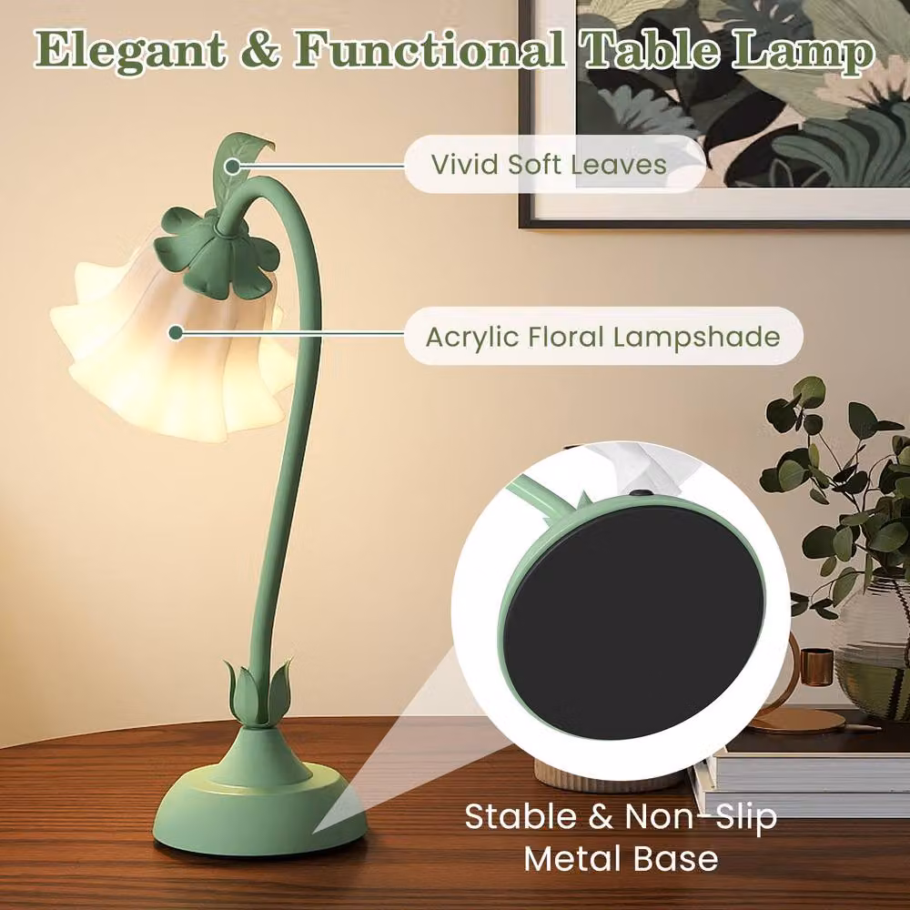 Gymax Green Nightstand Lamp with Lily of the Valley Decorative Lampshade and Adjustable Metal Base – 7