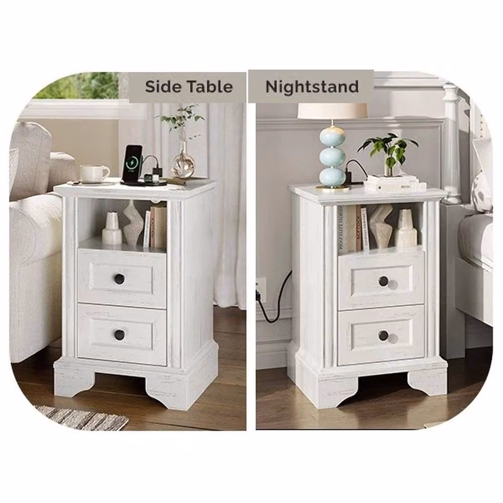 KORVIXA Bedside Table with 2 Drawers and Charging Station in White – 3