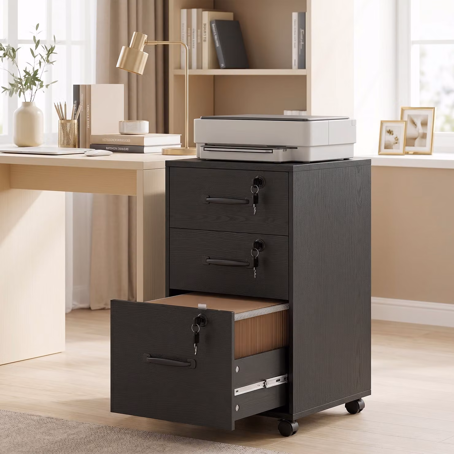HOMCOM Three Drawer Black Wood-Effect Filing Cabinet with Castors – 8