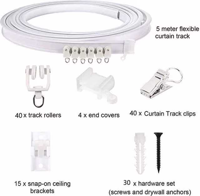 FLAVORA Bendable Ceiling Mounted Curtain Track Rail in White, 5m – 1