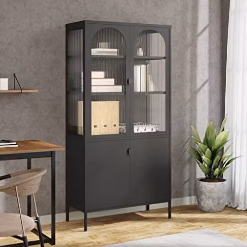 vidaXL Modern Highboard Storage Cabinet with Black Glass Doors and Steel Frame – 2
