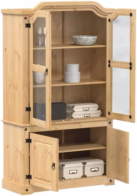 Berkfield Home Corona Glass Display Cabinet in Brown Solid Pine Wood, W/D/H: 103.5 x 42 x 180 cm