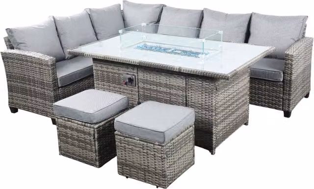 Madefor.living Conwy 8 Seat Fire Pit Corner Rattan Dining Set in Dark Grey