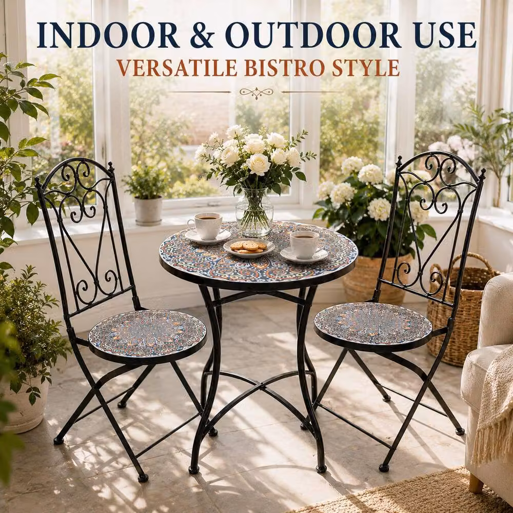 Shatchi Mediterranean Outdoor Mosaic Bistro Set with Multicolour Ceramic Table and 2 Folding Powder Coated Steel Chairs – 6