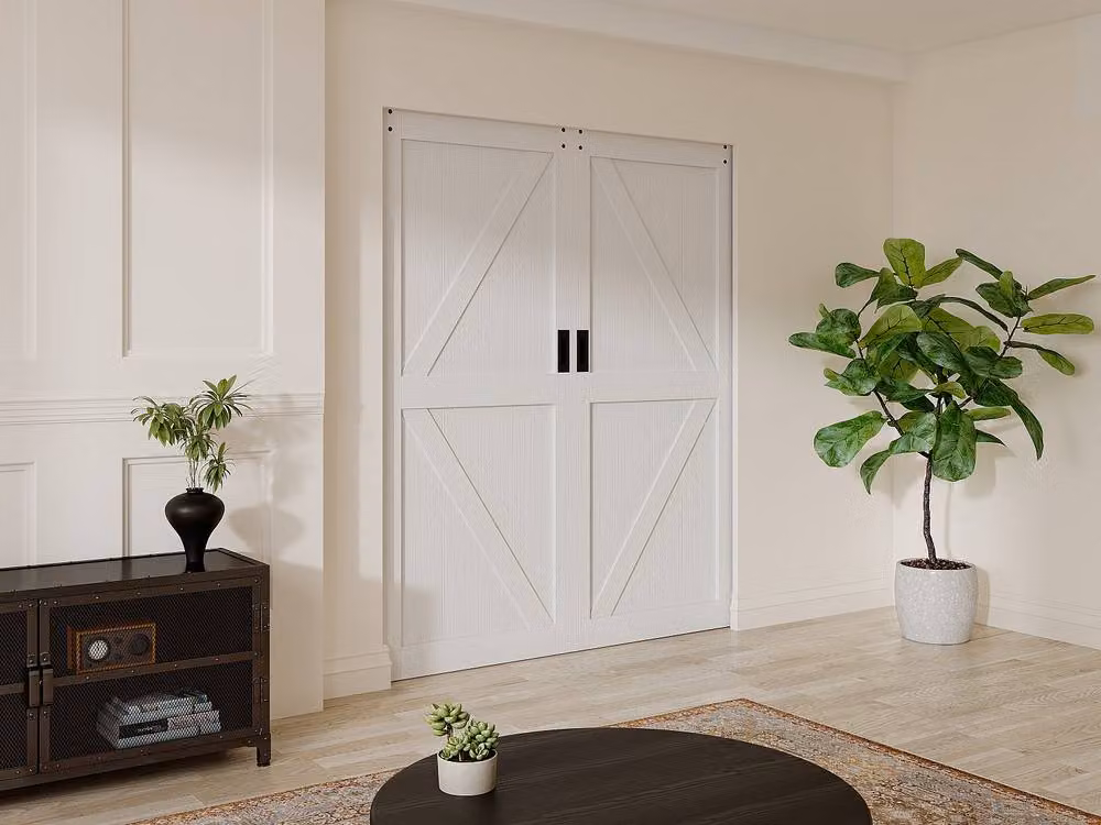Vente-unique Double Sliding Pocket Door System in White Wood and MDF – 2