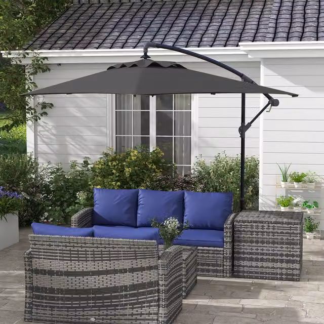 Outsunny Black Cantilever Banana Parasol with Crank Handle and 6 Ribs
