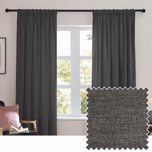 Furn Soft Chenille Blackout Pencil Pleat Curtain Pair in Charcoal Grey, W: 229 cm, H: 183 cm
