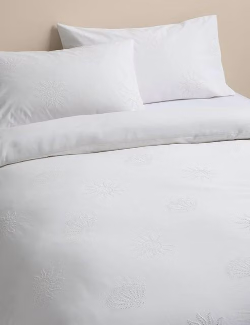 M&S Pure Cotton Coastal Broderie Bedding Set, White, W: 180 cm x L: 200 cm