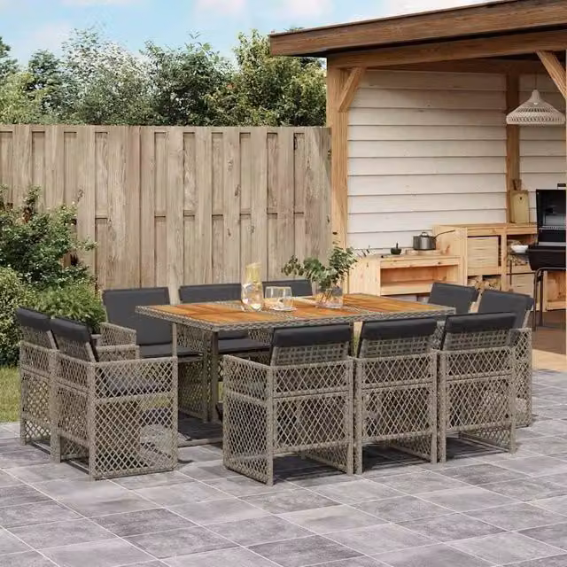Berkfield Home 11 Piece Grey Poly Rattan Garden Dining Set with Acacia Wood Accents and Cushions